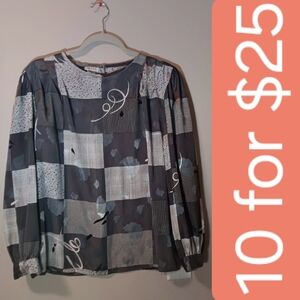 NICOLA Black and White Patterned Long-Sleeve Blouse